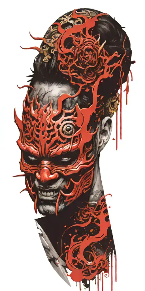 man wearing oni mask fighting off inner demons tattoo design idea