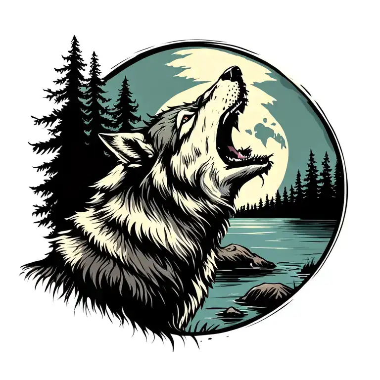 adult wolf howling at the moon in the distance with forest lake behind tattoo design idea