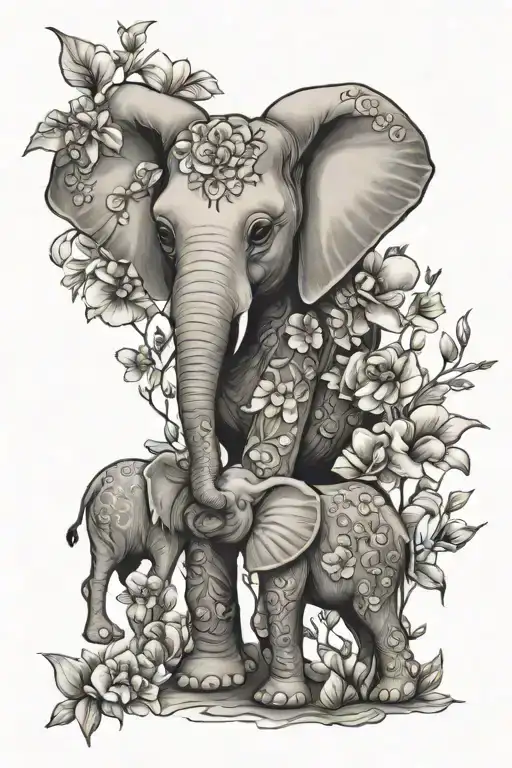 baby elephant giraffe flowers tattoo design idea