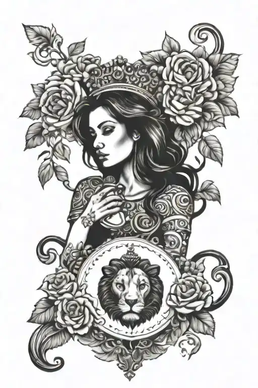 women with c cup and lion tattoo design idea