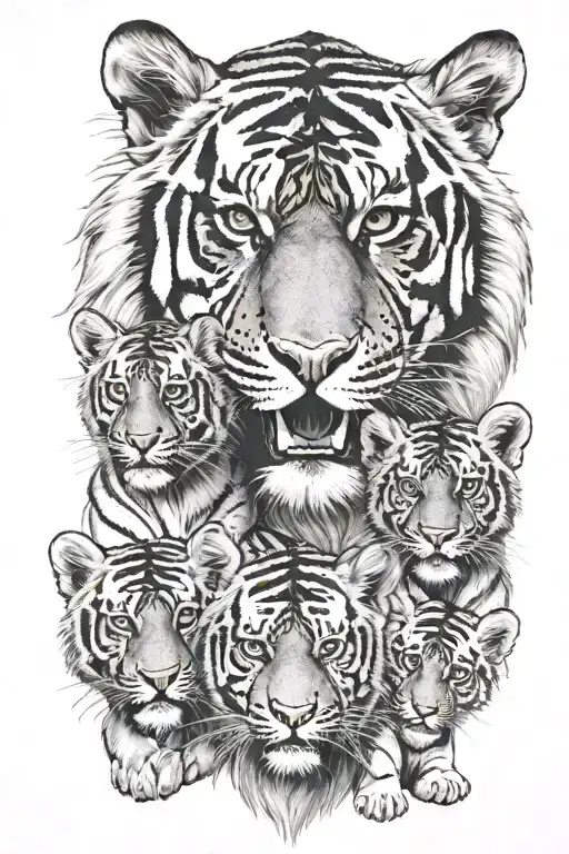Father and 3 cubs, with mother tiger beneath tattoo design idea