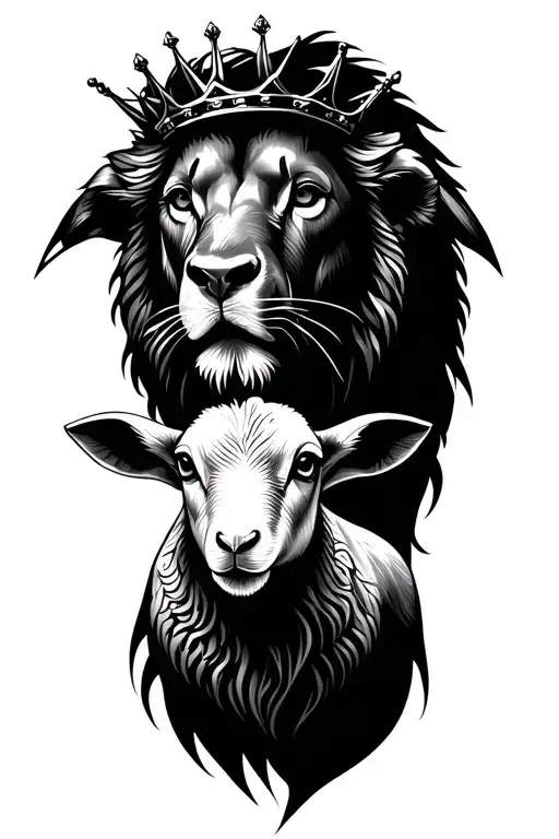 Create a simple a black tattoo with a lamb that has a crown on in front of a lion that has a crown of thorns on tattoo design idea