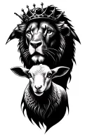 Create a simple a black tattoo with a lamb that has a crown on in front of a lion that has a crown of thorns on tattoo design idea