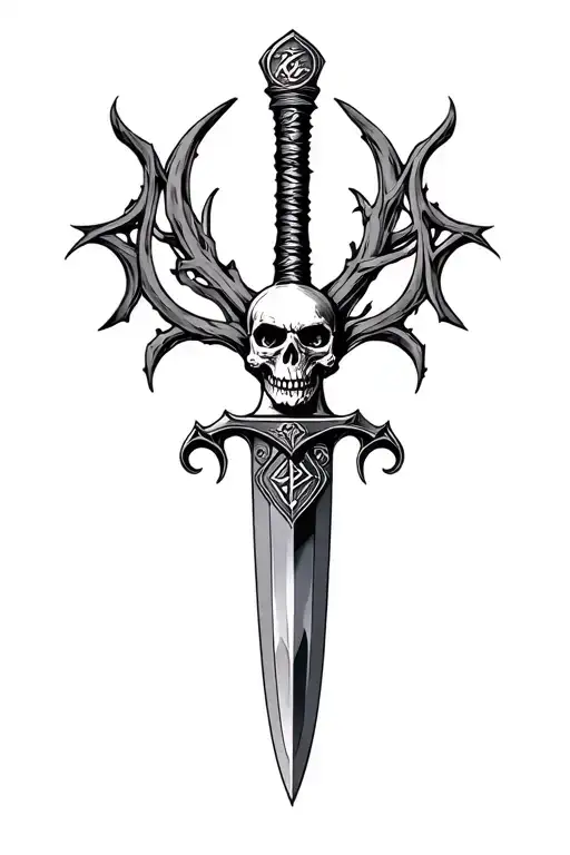 Sharp long dagger with runes shaded skull head tattoo design idea