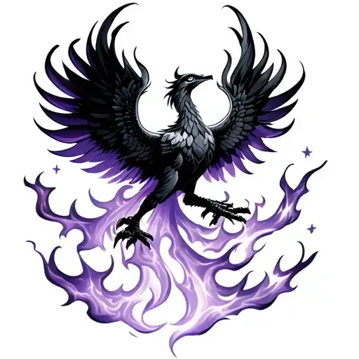 flaming phoenix, wings spread wide, with black and violet flames, trailing stars or mana-like energy, chest subtly shape tattoo design idea