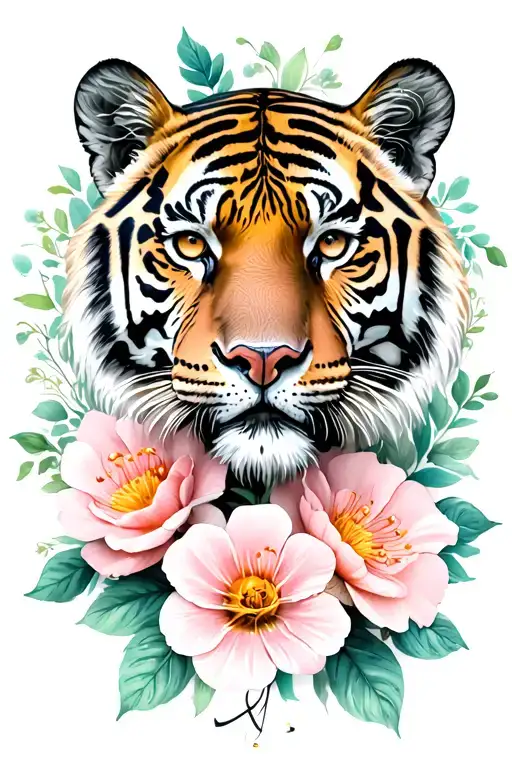 tiger face and flowers tattoo design idea