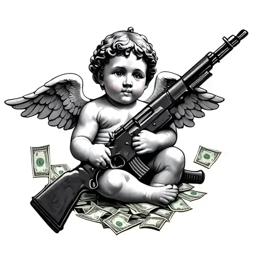 cherub holding Ak 47 surrounded by money  tattoo design idea