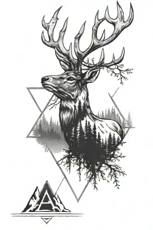 a snowy mountain setting with a forest, a majestic deer head, the letter A in Gothic, XX written at the bottom tattoo design idea