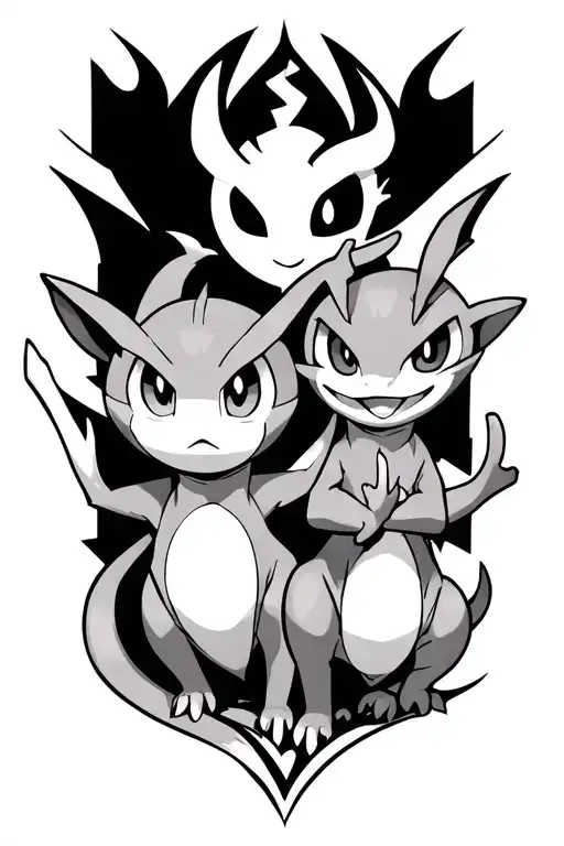 insane pokemon tattoo design with mew and mewtwo as centre peice but with all different pokemon as well tattoo design idea