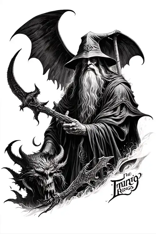 lord of the rings arm half sleeve tattoo including gandalf, nazgul, balrog with background and epic tattoo design idea