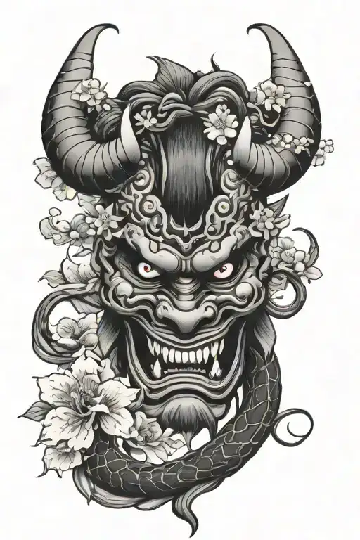 japan style oni mask with snake with sakura and water tattoo design idea