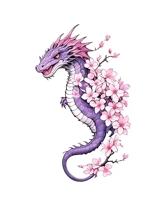 A big mythical basilisk wrapped around cherry blossoms that climbs from the arm up over the shoulder. Pink and Purple  tattoo design idea