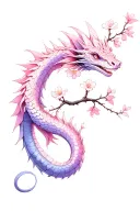 A big mythical basilisk wrapped around cherry blossoms that climbs from the arm up over the shoulder. Pink and Purple  tattoo design idea