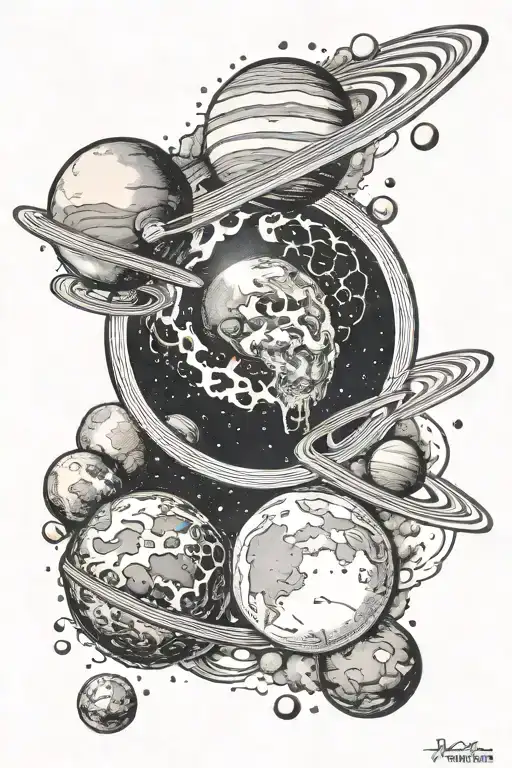 moon cycle, planets orbiting tattoo design idea