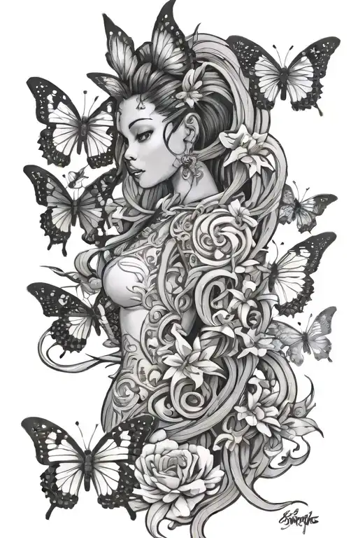 Create images of a spine tattoo for a black female obsessed with anime, butterfly, dragon and Chinese and Korean charact tattoo design idea