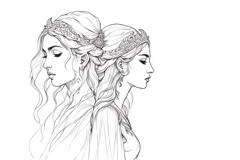 Artemis, goddess of the night, Eos goddess of the dawn and Hemera goddess of the day, side by side, dynamic tattoo. tattoo design idea