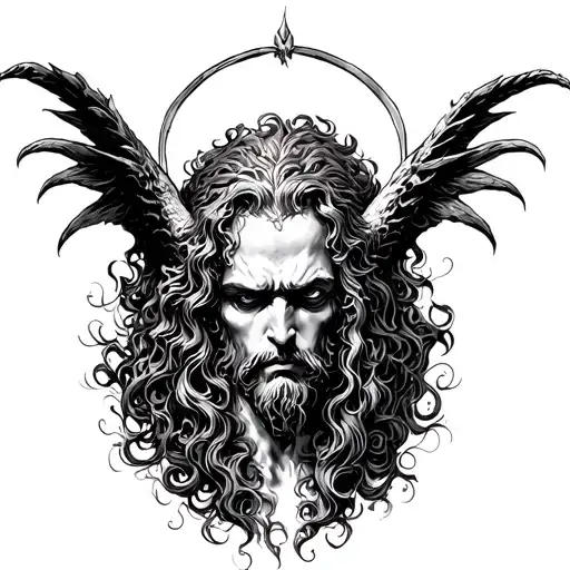 A detailed black and white illustration inspired by Gustave Doré of Lucifer in the depths of hell, majestic and somber,  tattoo design idea