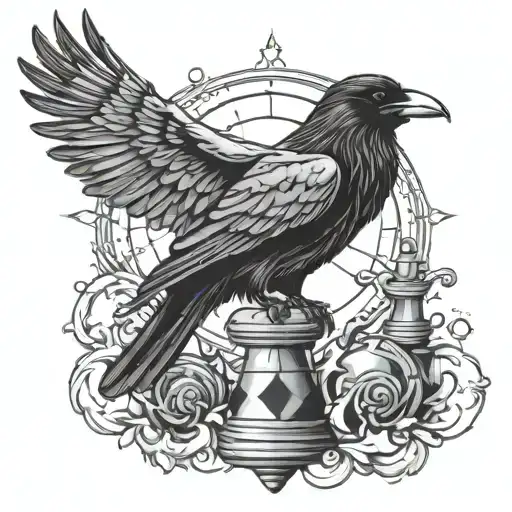 raven with sun, king chess piece and rain cloud tattoo design idea