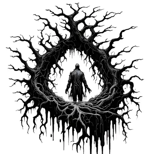 A figure descending into a dark abyss, surrounded by intertwining roots and abstract lines, made in cold black tones tattoo design idea