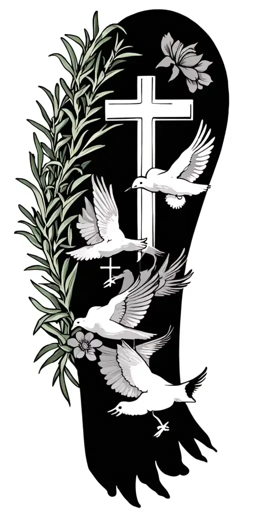catholic religion symbols Christ, rosemary wrapped around arm, flowers, doves tattoo design idea