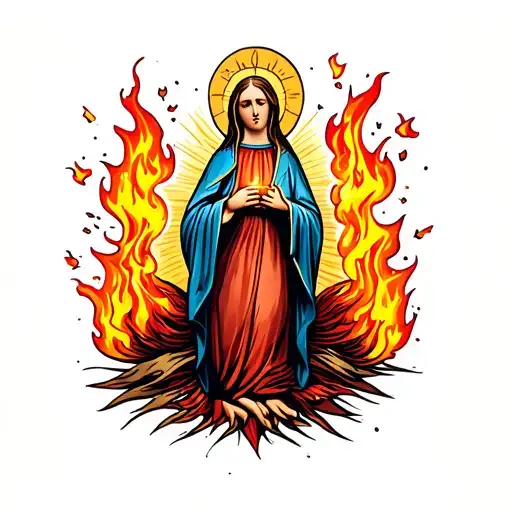 virgin Mary surrounded by fire tattoo design idea
