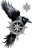 Raven and a nordic compass rose intertwined tattoo design idea