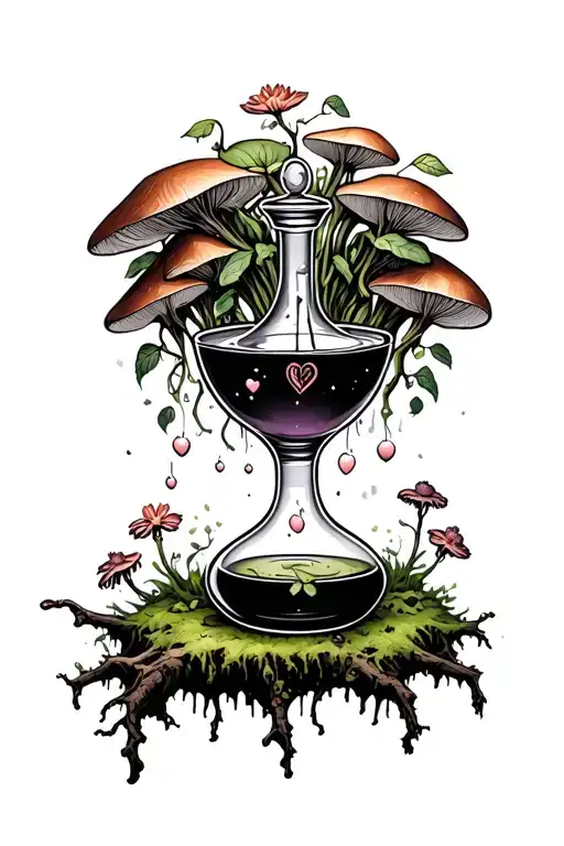 magic love potion on a tree branch surrounded by moss with fungi growing off it and flowers coming out from the inside tattoo design idea