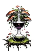 magic love potion on a tree branch surrounded by moss with fungi growing off it and flowers coming out from the inside tattoo design idea