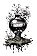 magic love potion on a tree branch surrounded by moss with fungi growing off it and flowers coming out from the inside tattoo design idea