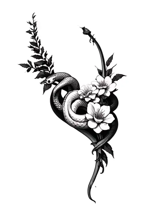 skeleton bones with flowers and snake wrapped tattoo design idea