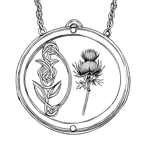 locket with Celtic knot inside on left and botanical press thistle inside on right  tattoo design idea