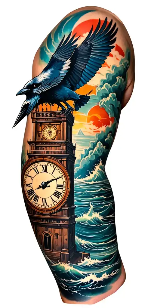 full sleeve tattoo featuring a raven flying around a clock tower with an ocean background tattoo design idea
