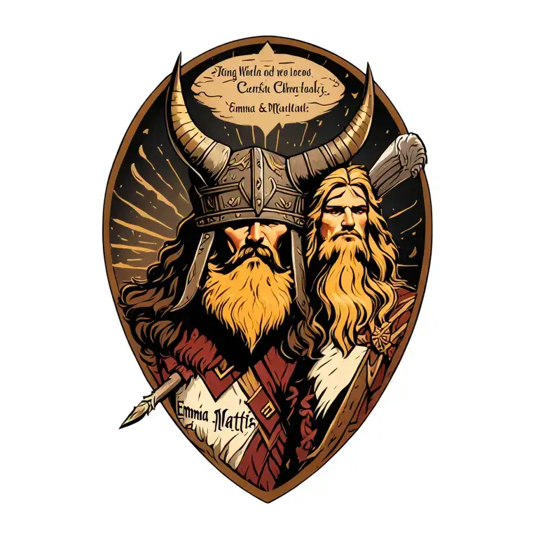 Viking God Heimdall with Names Emma & Mattis tattoo design idea