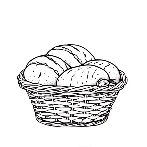 5 loaves bread and 2 fish in a woven basket full tattoo design idea