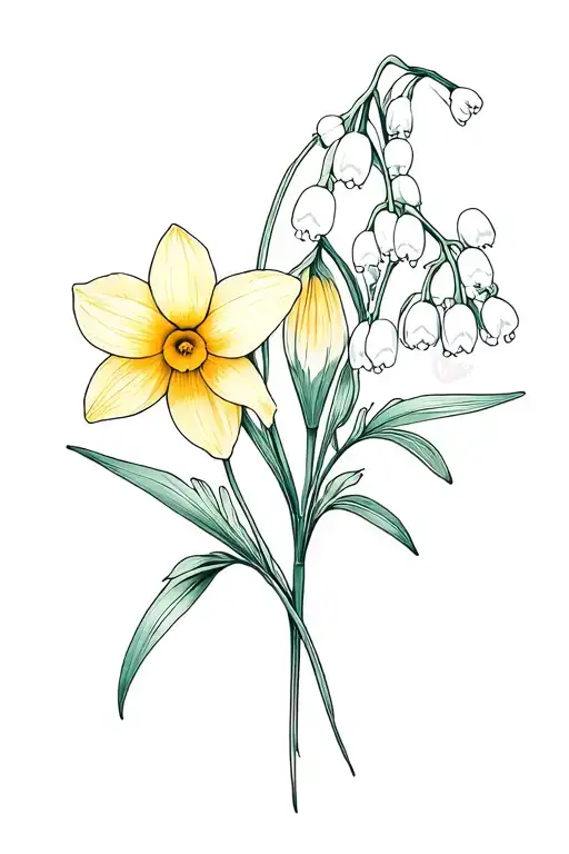 daffodil, lily of the valley, Paperwhite Narcissus, morning glories, larkspur tattoo design idea