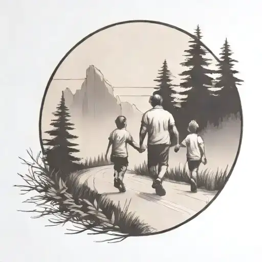 father in the middle holding hands with two kids walking down the road with forest and cliffs in background tattoo design idea