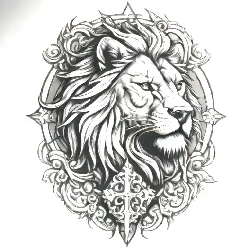 lion wolf surrounding cross tattoo design idea