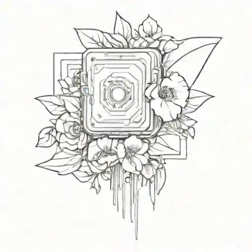 A sketch style tattoo of a computer chip morphing into a blooming flower tattoo design idea