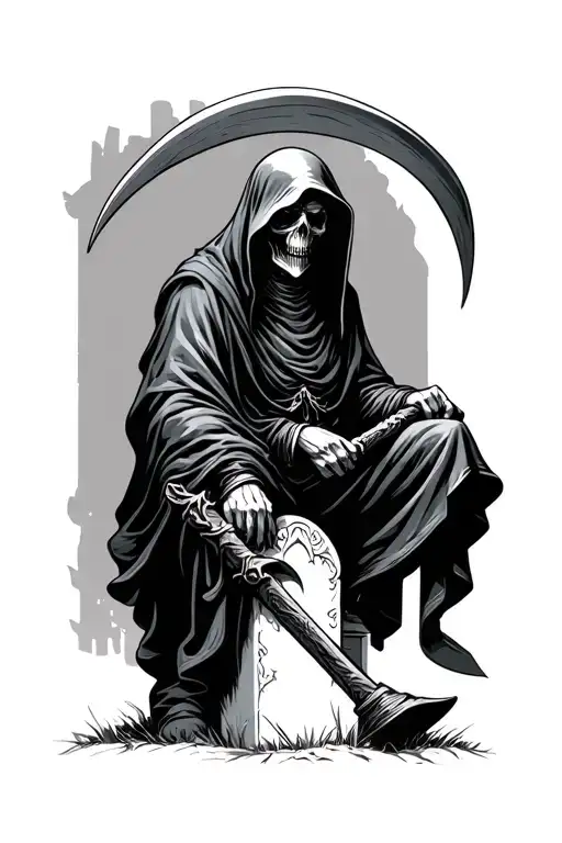 Grim reaper sitting on a tombstone holding a scythe tattoo design idea