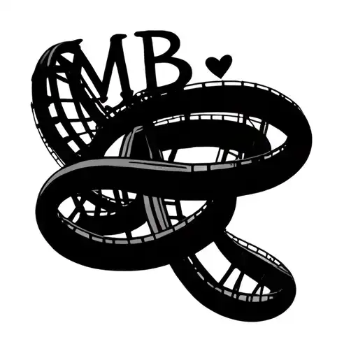 minimalist fine‑line roller coaster with three loops, MB on top and a small heart tattoo design idea