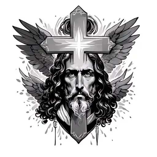 rip brother portrait heaven cross surrounded tattoo design idea