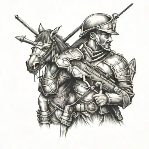There is a soldier in armor and he has a violin in his hands.The soldier has a sable animal on his shoulder tattoo design idea