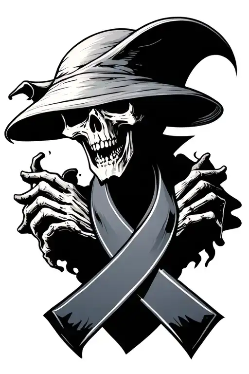 grimo reaper dying representing colon cancer ribbon tattoo design idea