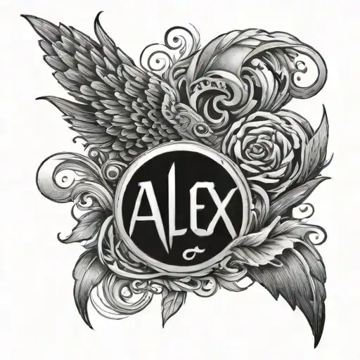 Name *Alex" with halo on top tattoo design idea