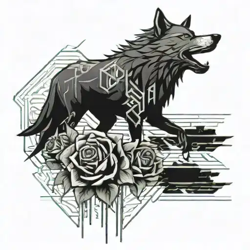 wolf crow roses blooming tattoo design idea