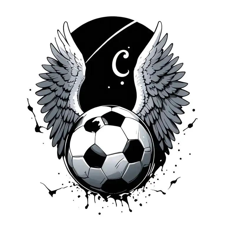 soccer ball, fallen angel wings spread wide open wings tattoo design idea