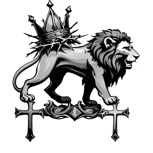 a lion with a crown of thorns with 3 crosses below it tattoo design idea