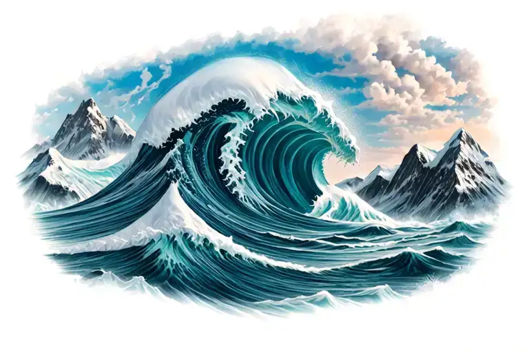 tsunami against snowy mountain tattoo design idea