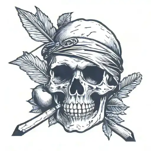 skull with a blindfold covering eyes, an apple sitting on top of the skull's head, and an arrow shot through skull tattoo design idea