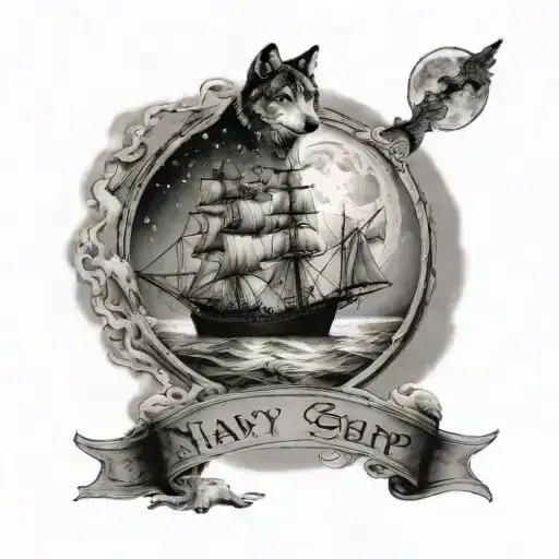 A realistic black and grey tattoo of a Navy ship sailing under a full moon, with a wolf standing on the deck, representing your military service and admiration for animals tattoo design idea
